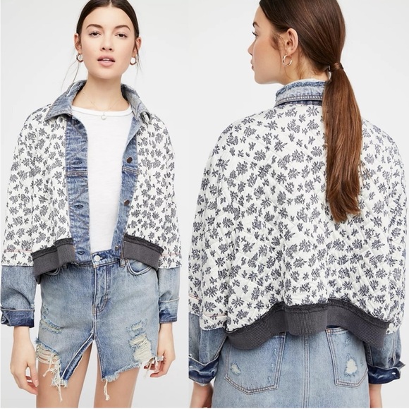 Free People Ditsy Denim Quilted Dolman Jacket Oversized - Picture 2 of 10
